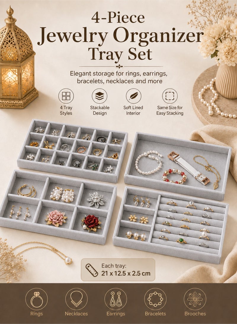 YIM-VIBEHAUS 4Pcs Stackable Jewelry Organizer Trays for Drawers Display Case Storage Container Earring Necklace Rings Bracelet with Removable Dividers Jewelry Box - Image 1