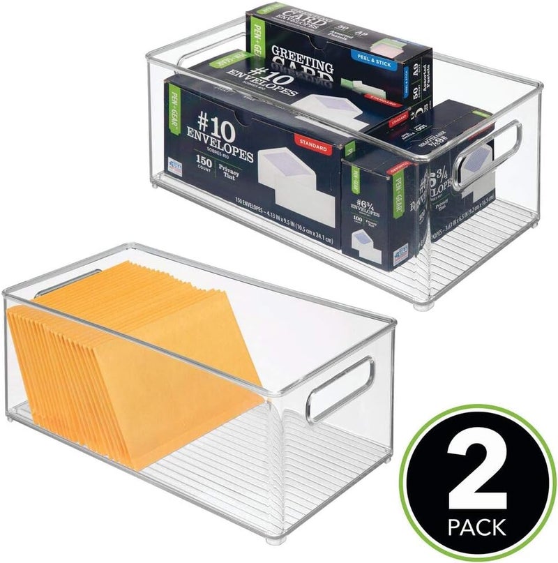 m-design Deep Plastic Storage Organizer Container Bin, Office Organization for Filing Cabinet, Cupboard, Shelves, and Desk - Holds Notepads, Pens, Pencils, Highlighters, and Staplers - 2 Pack - Clear - Image 2