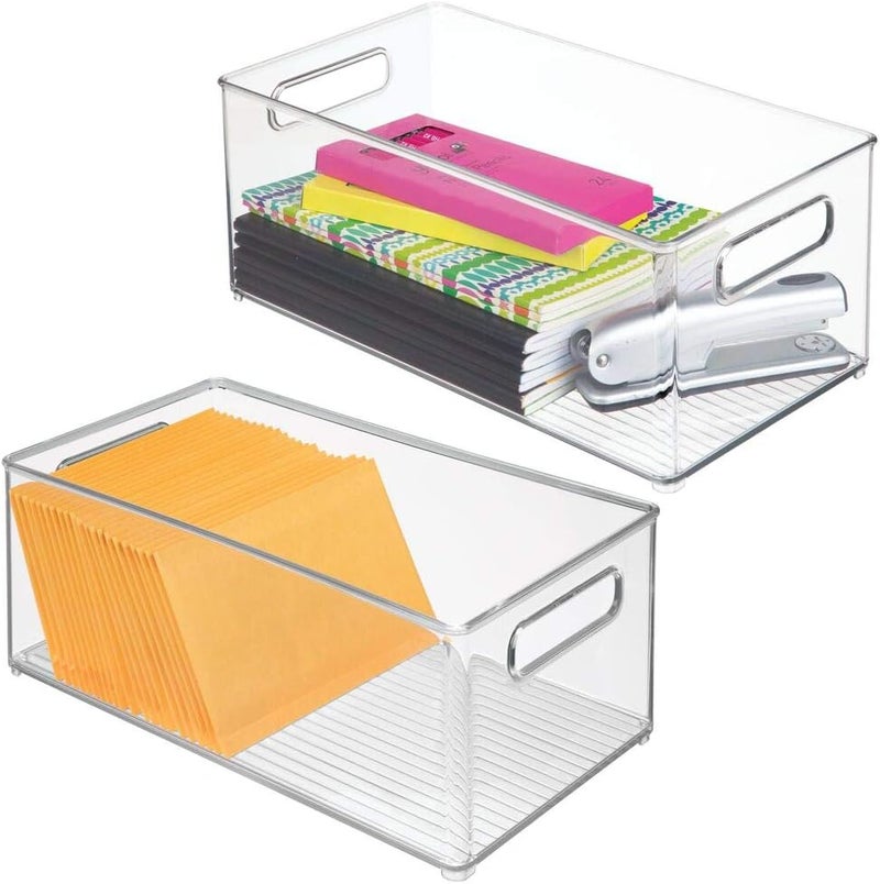 m-design Deep Plastic Storage Organizer Container Bin, Office Organization for Filing Cabinet, Cupboard, Shelves, and Desk - Holds Notepads, Pens, Pencils, Highlighters, and Staplers - 2 Pack - Clear - Image 1