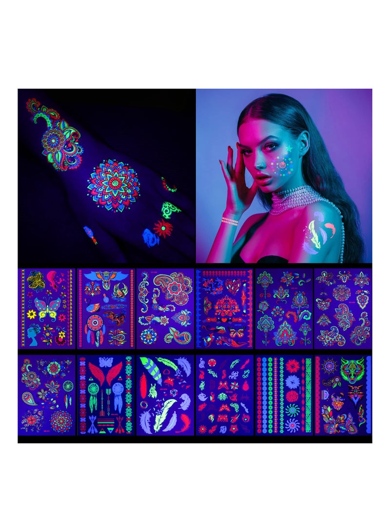 12 Sheets Temporary Tattoos, Dark Tattoo Neon Body Face Flowers erfly Flash Fake Waterproof UV Blacklight For Women Party Supplies - Image 1