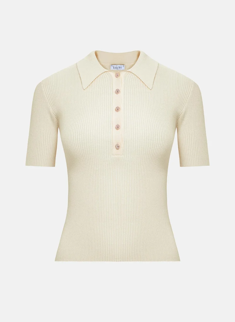ليتشي قميص بولو محبوك مضلع مع أزرار على الياقة