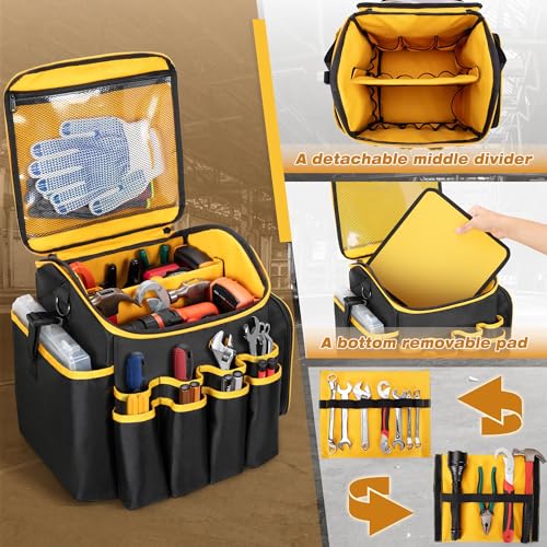 Marscamd Tool Bag with a Detachable Divider and Shoulder Strap Heavy Duty Tool Tote with Multiple Pockets Black - Image 3