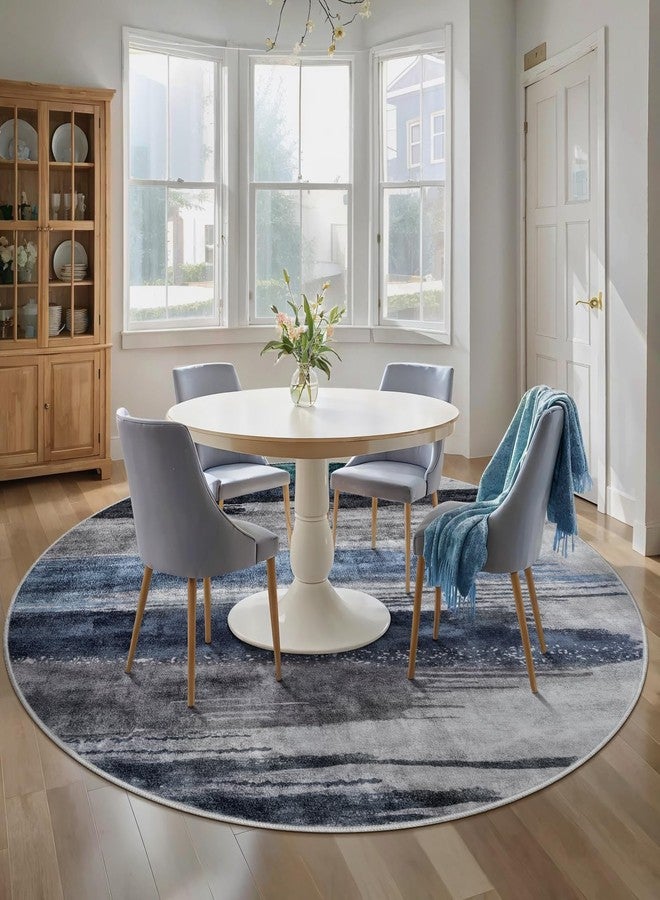 Ciicool 6ft Round Washable Rug, Modern Abstract Circle Rugs, Non-Slip Thin Low-Pile Rug Navy Grey Circular Print Distressed Carpet for Bedroom Living Room Under Dining Table Home Office Decor - Image 2