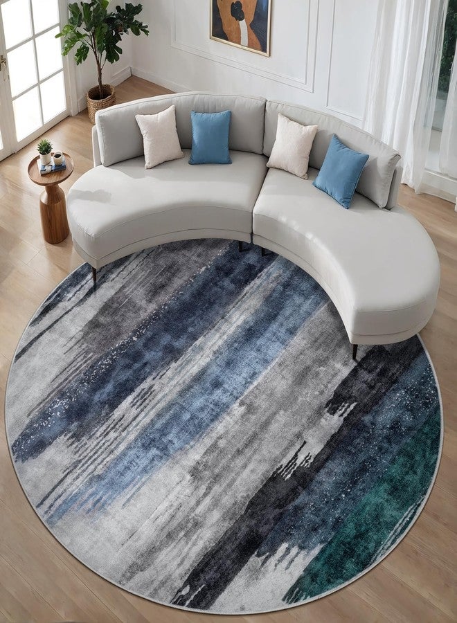 Ciicool 6ft Round Washable Rug, Modern Abstract Circle Rugs, Non-Slip Thin Low-Pile Rug Navy Grey Circular Print Distressed Carpet for Bedroom Living Room Under Dining Table Home Office Decor - Image 3