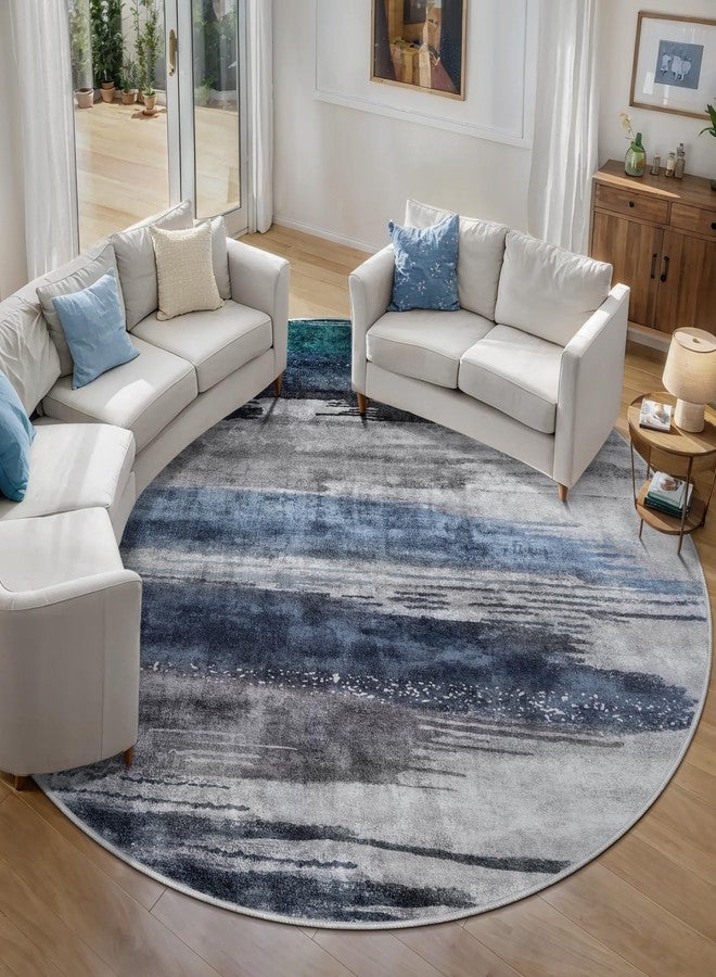 Ciicool 6ft Round Washable Rug, Modern Abstract Circle Rugs, Non-Slip Thin Low-Pile Rug Navy Grey Circular Print Distressed Carpet for Bedroom Living Room Under Dining Table Home Office Decor - Image 1