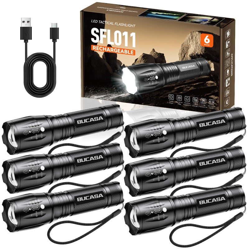 BUCASA Rechargeable Flashlights High Lumens 6 Pack Brighter Small Flashlight Powerful Tactical Flashlights Rechargeable Waterproof LED Flashlight with 3 Zoomable Modes for Camping Emergency - Image 2
