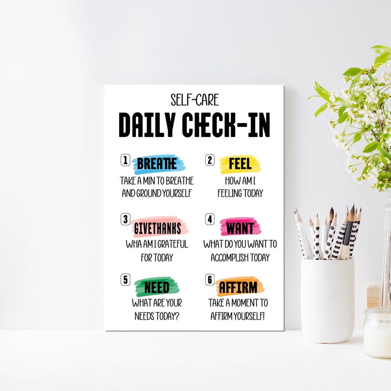 OTINGQD Self-Care Daily Check-in Poster Canvas Wall Art Inspirational Mental Health Wall Decor for Therapy Office School Nursery Counselor Office Home - Image 3