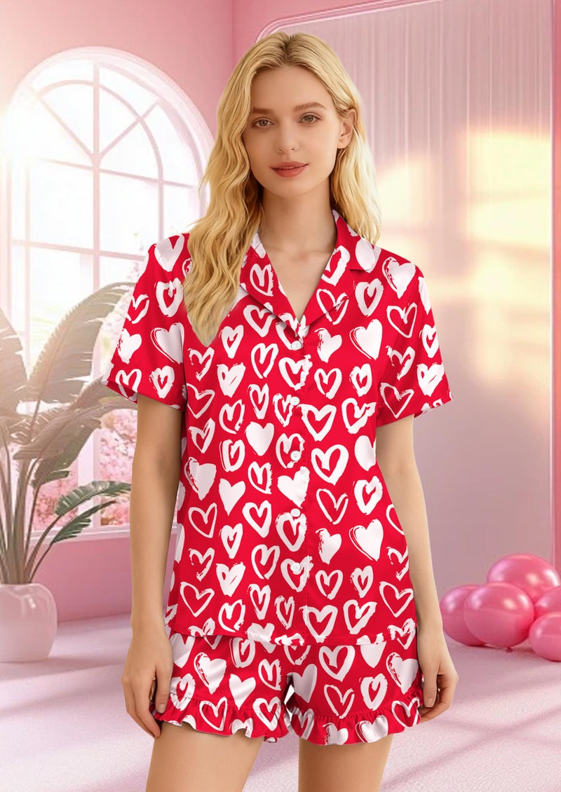 CAZYCHILD Valentines Pajamas Sets for Women Pjs Short Sleeve Top and Shorts Loungewear 2 Pcs Set Button Down Sleepwear - Image 2