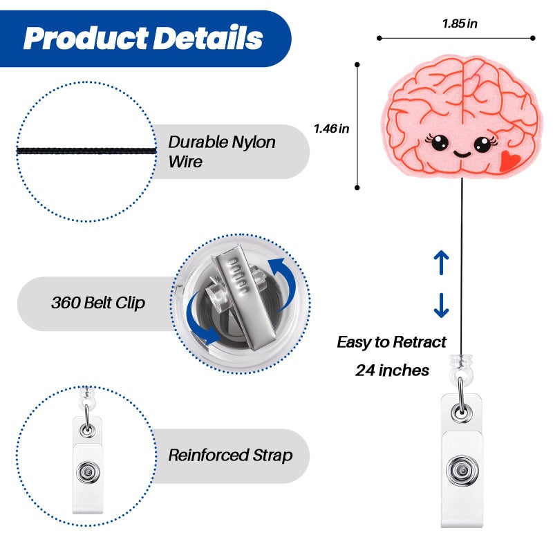 BVIIE Cute Pink Brain Badge Reel  Retractable Id Card Neurosurgery Badge Holder  Name Tag Work Badge Clip For Psychiatry Neuroradiology Tech Doctor Rn Cna Lpn Lvn Medical Worker Nursing Student  Nurse Gifts - Image 4