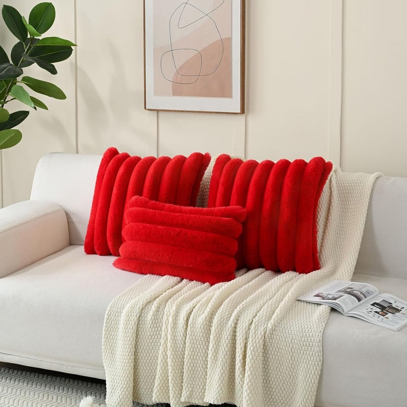 FUTEI Red Decorative Throw Pillow Covers 26x26 Inch Set of 2, Square Soft Faux Rabbit Fur Big Striped Pillow Sham,Home Decor for Couch Sofa Bed Living Room - Image 5