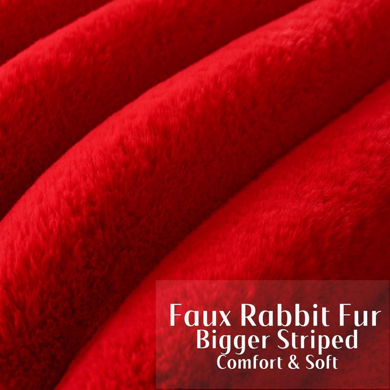 FUTEI Red Decorative Throw Pillow Covers 26x26 Inch Set of 2, Square Soft Faux Rabbit Fur Big Striped Pillow Sham,Home Decor for Couch Sofa Bed Living Room - Image 2