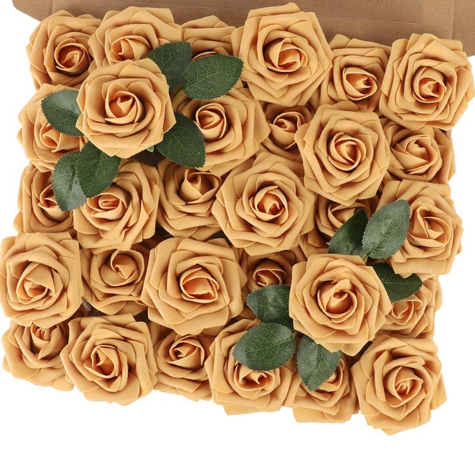 30PCS Artificial Flower Roses Real Touch Fake Rose Flowers with Stem Gold Yellow Foam Roses for DIY Wedding Bouquet Table Centerpieces Party Baby Shower Spring Home Mothers Day Decorations