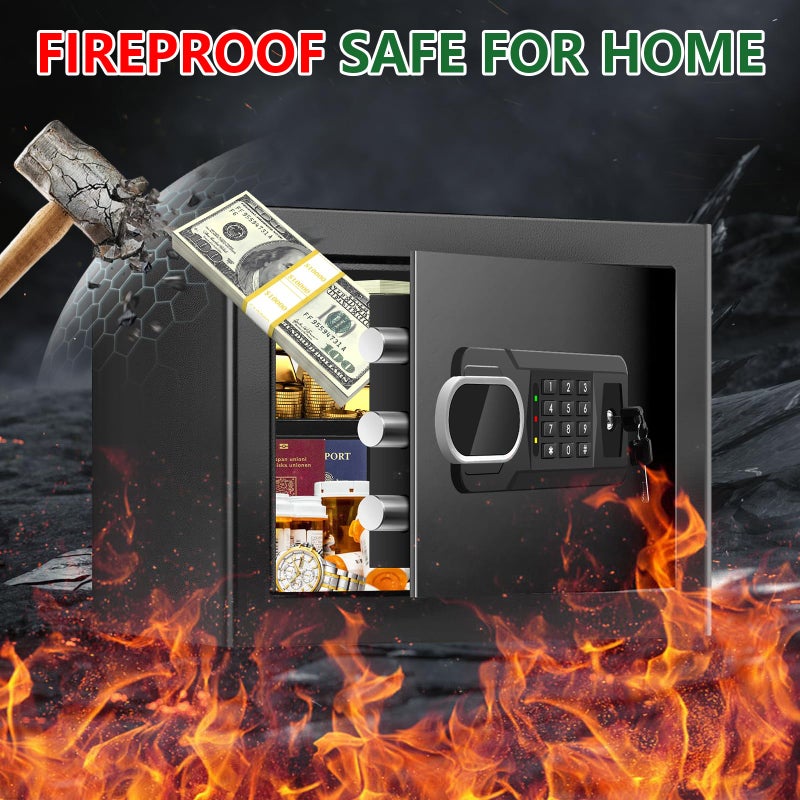 Psisuvry 1.3 Cubic Feet Small Fire Safe Box for Home, Fireproof Safety Lock Box with Digital Keypad, Spare Keys and Removable Shelf, Personal Security Home Safes for Money, Jewelry, ID Documents - Image 2