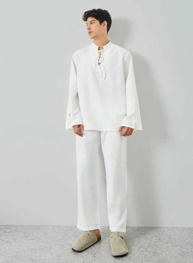 تايك تو Men White Linen Top and Pants Co-Ords