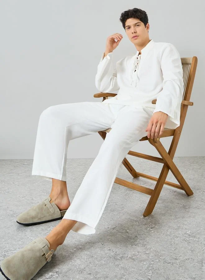 تايك تو Men White Linen Top and Pants Co-Ords