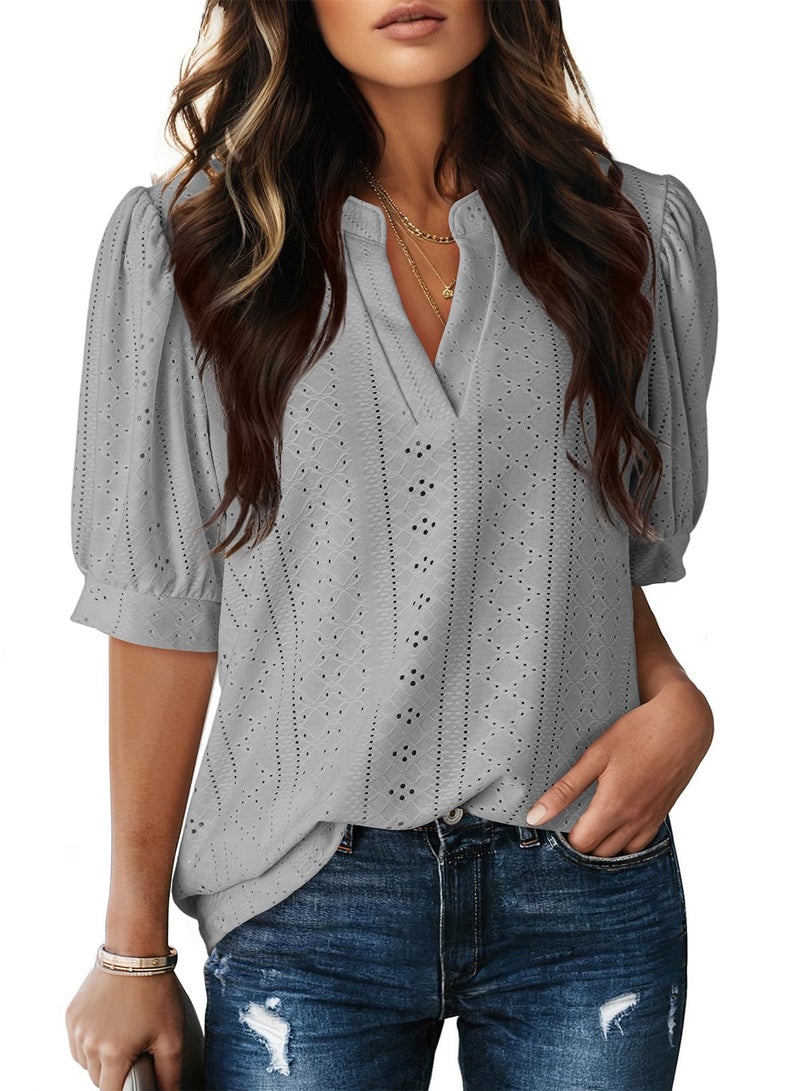 Dokotoo Blouses for Women Dressy Casual V Neck Short Sleeve Shirts Hollow Out Lace Top Business Casual Outfits Summer Ladies Tops and Blouses for Women's Clothing Grey Shirts M - Image 1