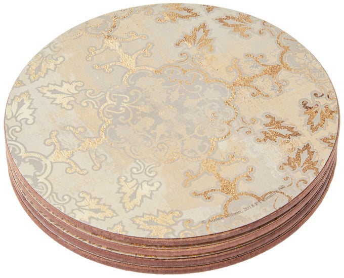 C000279 CorkBacked Coasters Set with Printed Gold Impressions Design Round Gold Grey 12 cm Set of 4