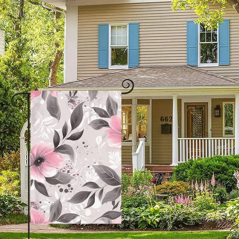 Pink Flowers And Leaves on Gray Garden Flag Double Print Yard Flag 12×18 Inch Lawn Flag Outdoor Decor Flag House Garden Banner Holiday Yard Banner Home Entryway Flag For Outdoor Yard All Four Seasons - Image 5