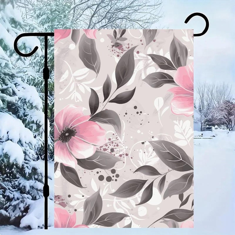 Pink Flowers And Leaves on Gray Garden Flag Double Print Yard Flag 12×18 Inch Lawn Flag Outdoor Decor Flag House Garden Banner Holiday Yard Banner Home Entryway Flag For Outdoor Yard All Four Seasons - Image 1
