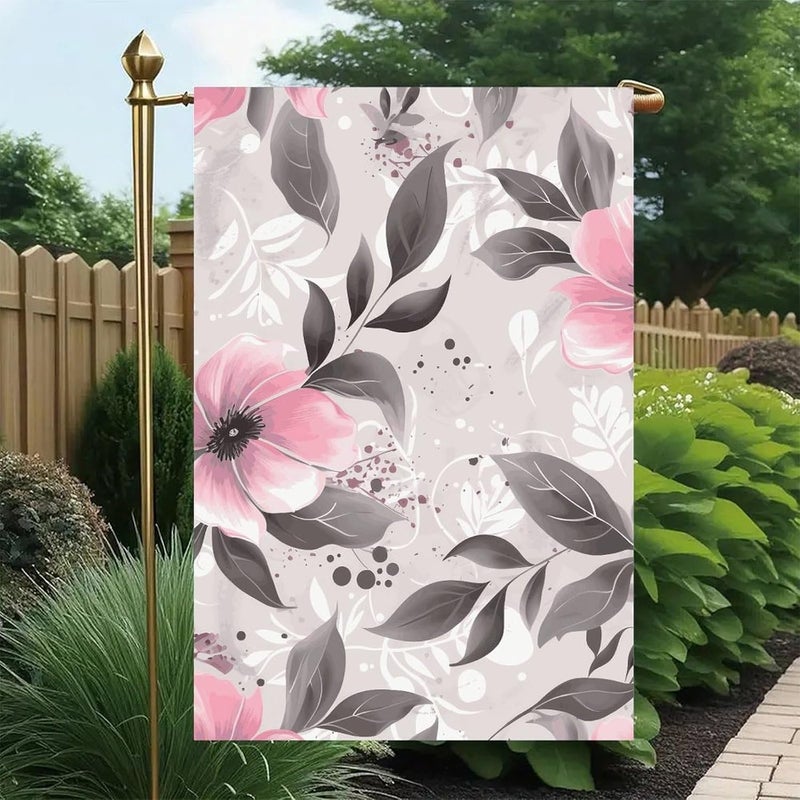 Pink Flowers And Leaves on Gray Garden Flag Double Print Yard Flag 12×18 Inch Lawn Flag Outdoor Decor Flag House Garden Banner Holiday Yard Banner Home Entryway Flag For Outdoor Yard All Four Seasons - Image 4