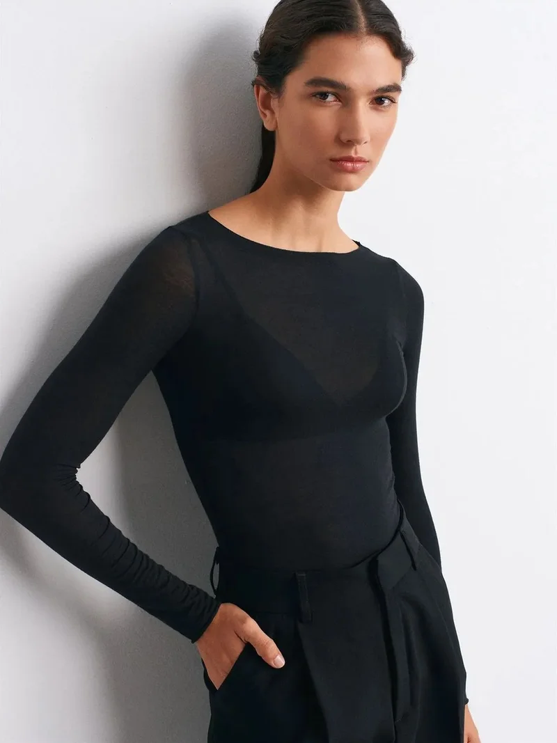 ديلفين DILVIN Slim Fit Boat Neck Long Sleeve Knit Blouse