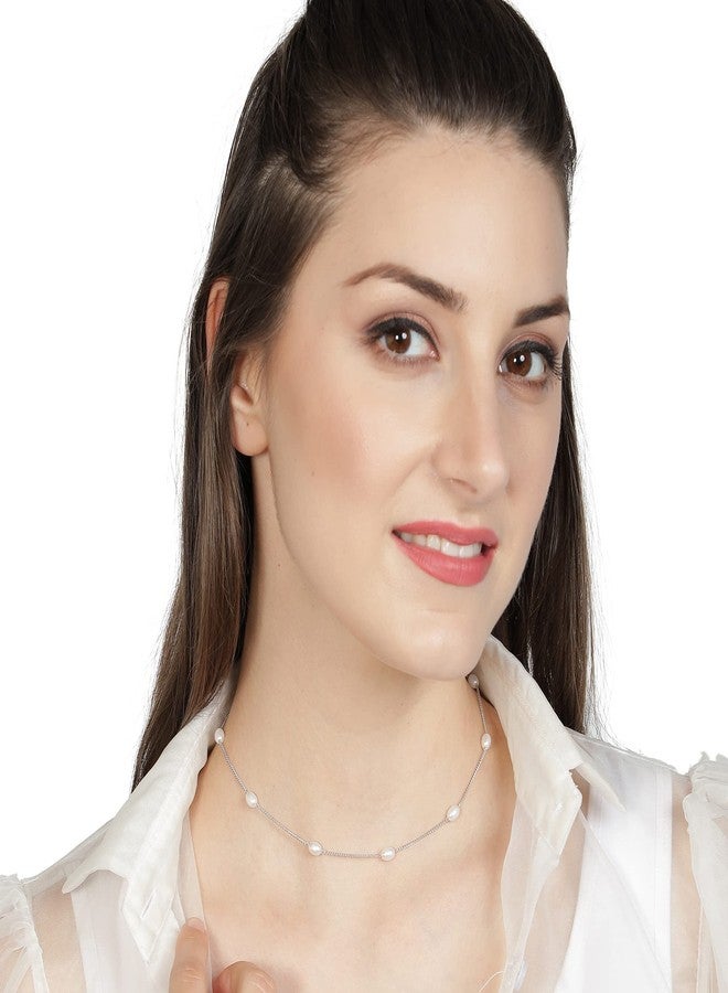 Aaishwarya Dainty Oval Pearls Silver plated Alloy Short Chain Necklace For Women And Girls | Pearl Jewelry | Stylish Gift | Minimal Accessory | Gift for Women - Image 2