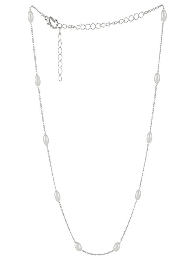 Aaishwarya Dainty Oval Pearls Silver plated Alloy Short Chain Necklace For Women And Girls | Pearl Jewelry | Stylish Gift | Minimal Accessory | Gift for Women - Image 4