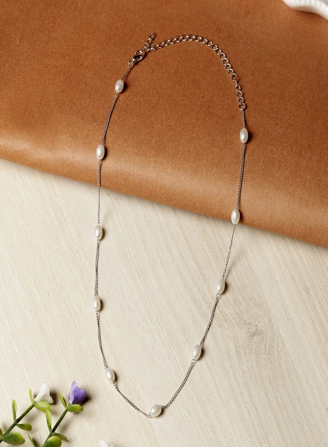 Aaishwarya Dainty Oval Pearls Silver plated Alloy Short Chain Necklace For Women And Girls | Pearl Jewelry | Stylish Gift | Minimal Accessory | Gift for Women - Image 3