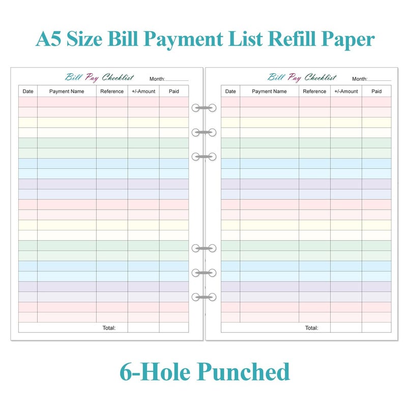 Yaridar Payment Checklist Refills - 50 Sheets/100 Pages Colorful Monthly Budget Forms for A5 Binder, 6 Hole Punched, 100 gsm White Paper, 5.8" x 8.3" - Image 2