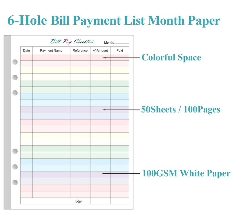 Yaridar Payment Checklist Refills - 50 Sheets/100 Pages Colorful Monthly Budget Forms for A5 Binder, 6 Hole Punched, 100 gsm White Paper, 5.8" x 8.3" - Image 3