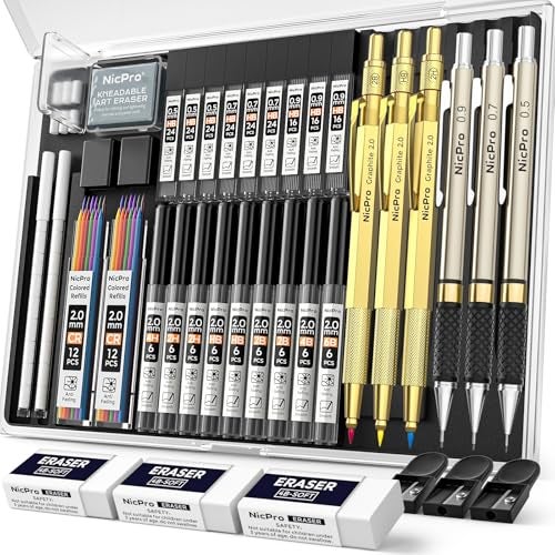 Nicpro 35PCS Gold Art Mechanical Pencils Set 3 PCS Metal Drafting Pencil 05 mm 07 mm 09 mm 3 PCS 2mm Lead Holder 6B 4B 2B HB 2H 4H Colors For Sketching Drawing With 20 Tube Lead Refills - Image 1