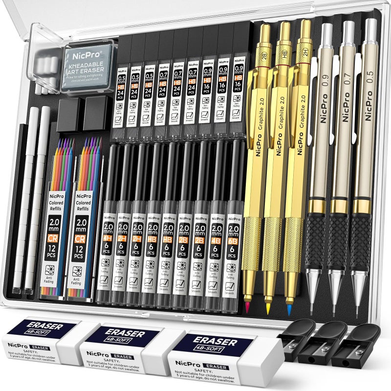 Nicpro 35PCS Gold Art Mechanical Pencils Set 3 PCS Metal Drafting Pencil 05 mm 07 mm 09 mm 3 PCS 2mm Lead Holder 6B 4B 2B HB 2H 4H Colors For Sketching Drawing With 20 Tube Lead Refills - Image 2
