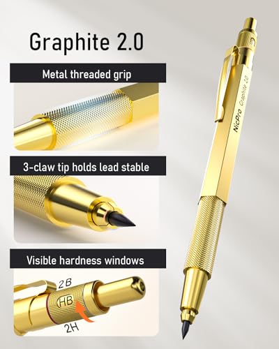 Nicpro 35PCS Gold Art Mechanical Pencils Set 3 PCS Metal Drafting Pencil 05 mm 07 mm 09 mm 3 PCS 2mm Lead Holder 6B 4B 2B HB 2H 4H Colors For Sketching Drawing With 20 Tube Lead Refills - Image 3