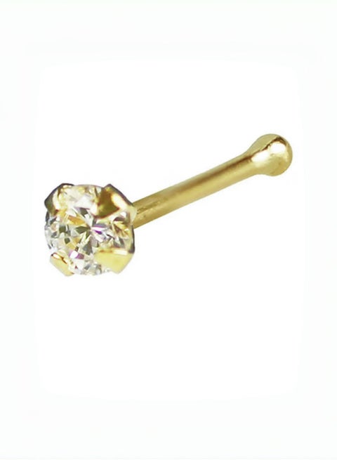 مسمار أنف بشكل عظمة مرصع بحجر CZ شفاف بحجم 2.5 مم من الذهب الخالص عيار 14.