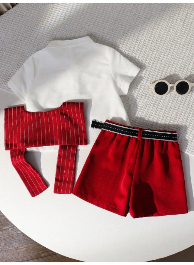 Baby Boy Size 6-9 Month 3-Piece Summer Outfit Set – Short Sleeve T-Shirt with Decorative Scarf, Matching Shorts & Belt, Stylish Casual Infant Clothing Set for Toddlers - Image 5