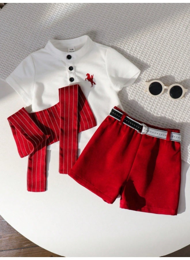 Baby Boy Size 6-9 Month 3-Piece Summer Outfit Set – Short Sleeve T-Shirt with Decorative Scarf, Matching Shorts & Belt, Stylish Casual Infant Clothing Set for Toddlers - Image 4