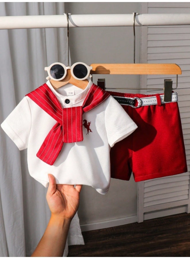 Baby Boy Size 6-9 Month 3-Piece Summer Outfit Set – Short Sleeve T-Shirt with Decorative Scarf, Matching Shorts & Belt, Stylish Casual Infant Clothing Set for Toddlers - Image 1