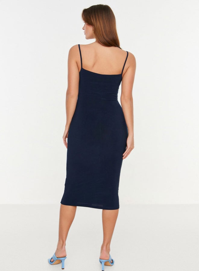 trendyol Navy Blue Fitted Collar Midi Strap Flexible Knitted Midi Pencil Dress - Image 5