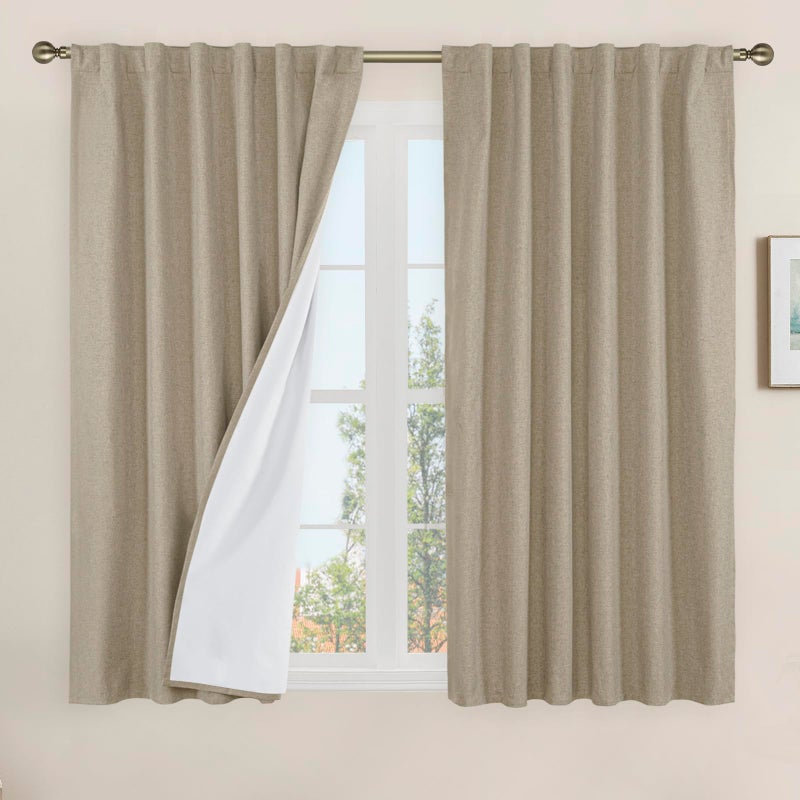 LAMIT Linen 100% Blackout Window Curtains for Bedroom, 45 Inches Linen Textured Thermal Farmhouse Curtains Back Tab and Rod Pocket Window Panels with White Liner, 2 Panels, 52 x 45 Inch, Taupe - Image 1