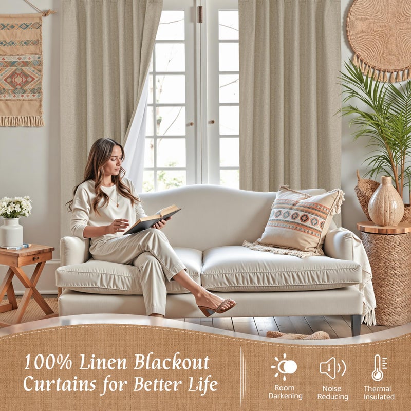 LAMIT Linen 100% Blackout Window Curtains for Bedroom, 45 Inches Linen Textured Thermal Farmhouse Curtains Back Tab and Rod Pocket Window Panels with White Liner, 2 Panels, 52 x 45 Inch, Taupe - Image 2