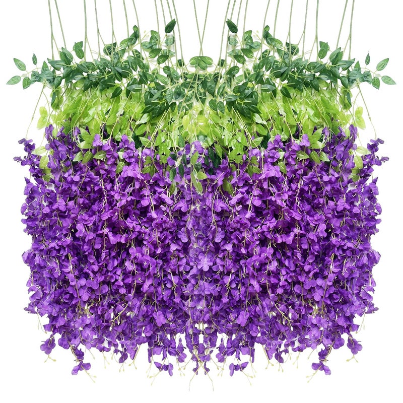 WONICE Artificial Flowers Hanging Flowers, Fake Garland Silk Vines Rattan String Decor for Home Wedding Arch Wall Garden Greenery Bedroom Outdoor Office Party Decoration (12, Purple) - Image 1