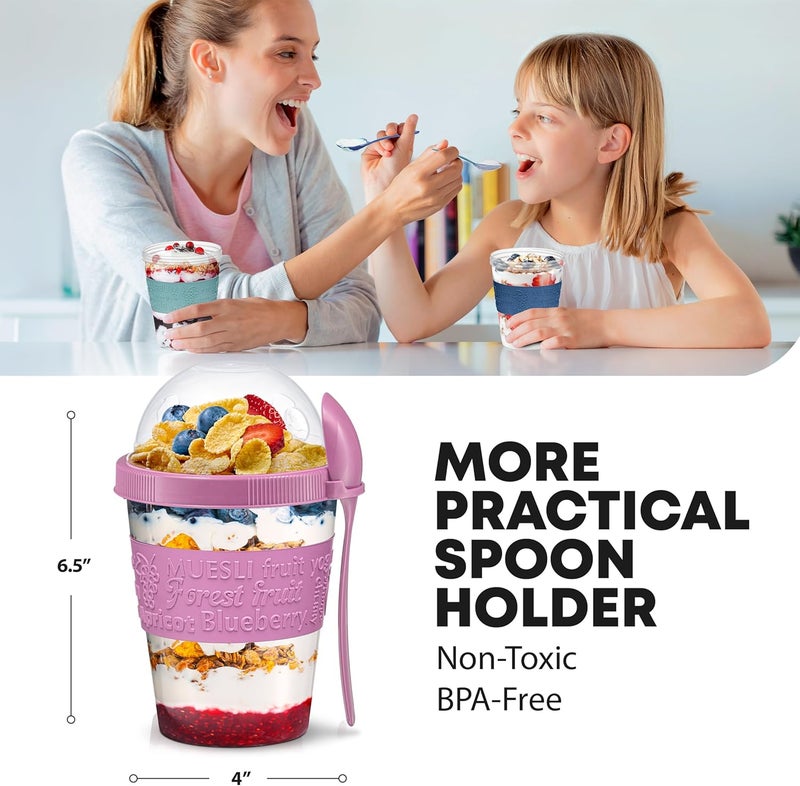 Tribello 4 Pack - On the Go Yogurt Parfait Cups with Lids, Topping Compartment & Spoon, Yogurt/Parfait Cups for Breakfast Meal Prep, Reusable Leak Proof Container - BPA Free - 20oz - Colorfull - Image 5