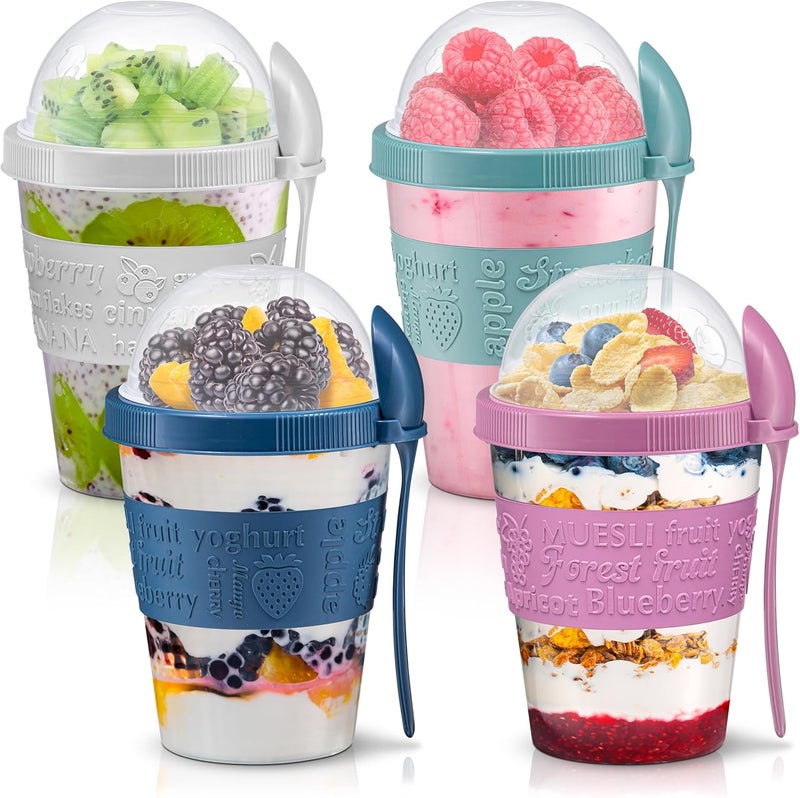 Tribello 4 Pack - On the Go Yogurt Parfait Cups with Lids, Topping Compartment & Spoon, Yogurt/Parfait Cups for Breakfast Meal Prep, Reusable Leak Proof Container - BPA Free - 20oz - Colorfull - Image 1