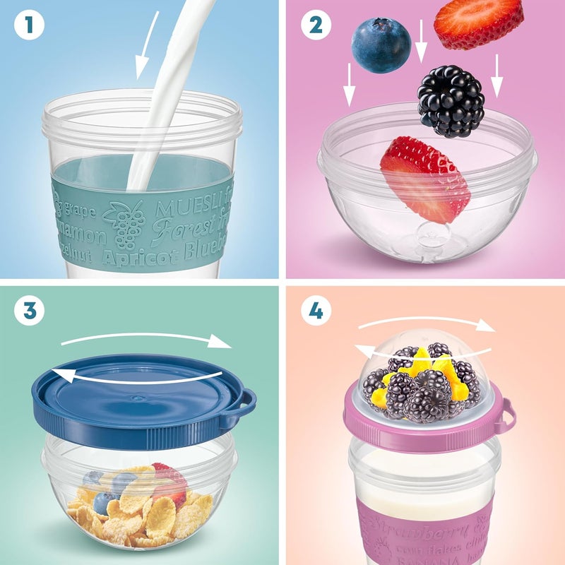Tribello 4 Pack - On the Go Yogurt Parfait Cups with Lids, Topping Compartment & Spoon, Yogurt/Parfait Cups for Breakfast Meal Prep, Reusable Leak Proof Container - BPA Free - 20oz - Colorfull - Image 4