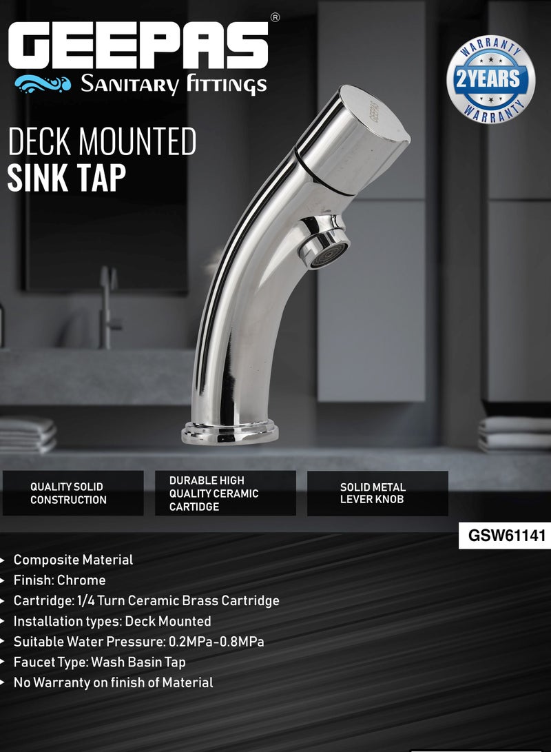 GEEPAS Geepas Deck Mounted Sink Tap- Deck Mounted Tap for Washbasin, Quality Solid Brass Construction with Solid Metal Lever Knob with Chrome Finish Turn Ceramic Brass Cartridge| GSW61141 - Image 5