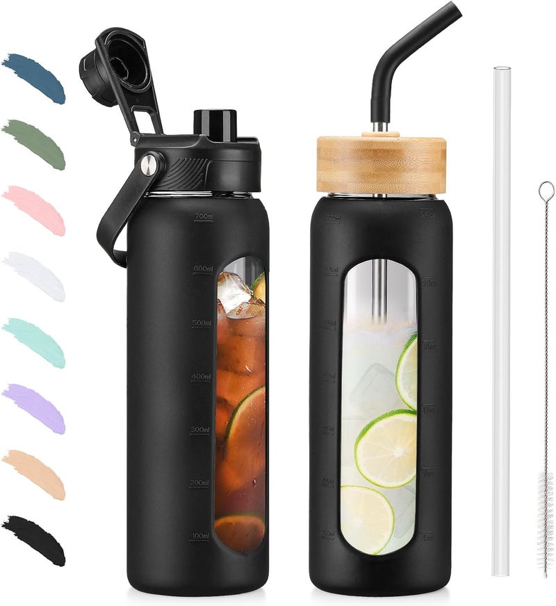 BLUEGO 700 ml Glass Water Bottle with Straw and 2 Lids, Coffee Cup with Time Marking and Silicone Protection, Glass Cup for Drinks, Soda Cola, BPA-Free, Black - Image 1