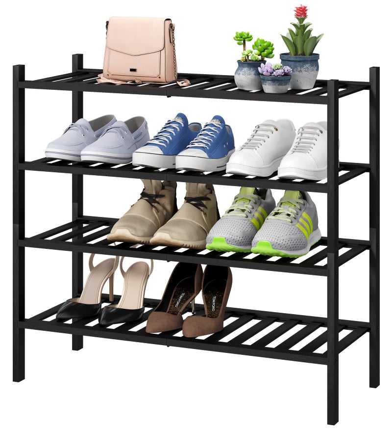 viewcare 4-Tier Black Bamboo Shoe Rack for Entryway, Stackable | Foldable | Natural, Shoe Organizer for Hallway Closet, Free Standing Shoe Racks for Indoor Outdoor - Image 1