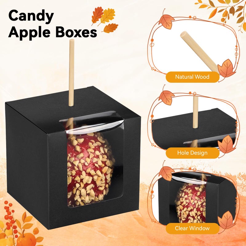 Ocmoiy 30 Pack Candy Apple Boxes with Sticks, 4" x 4" x 4" Kraft Caramel Apple Gift Box with Clear Window for Wedding, Party (Black) - Image 3
