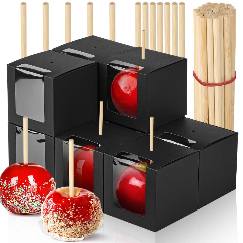 Ocmoiy 30 Pack Candy Apple Boxes with Sticks, 4" x 4" x 4" Kraft Caramel Apple Gift Box with Clear Window for Wedding, Party (Black) - Image 1