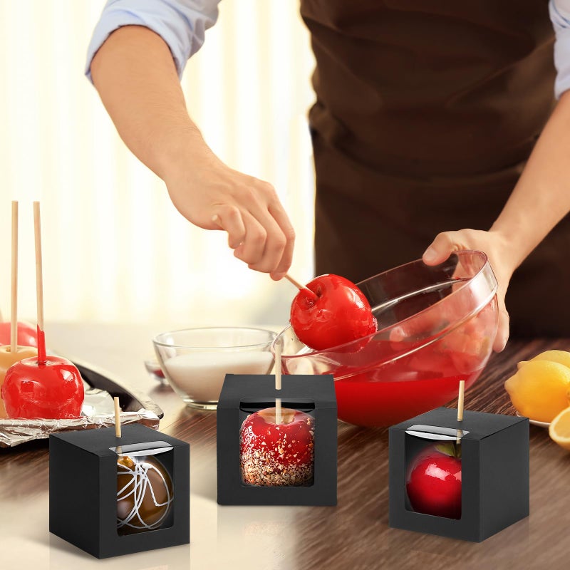 Ocmoiy 30 Pack Candy Apple Boxes with Sticks, 4" x 4" x 4" Kraft Caramel Apple Gift Box with Clear Window for Wedding, Party (Black) - Image 5